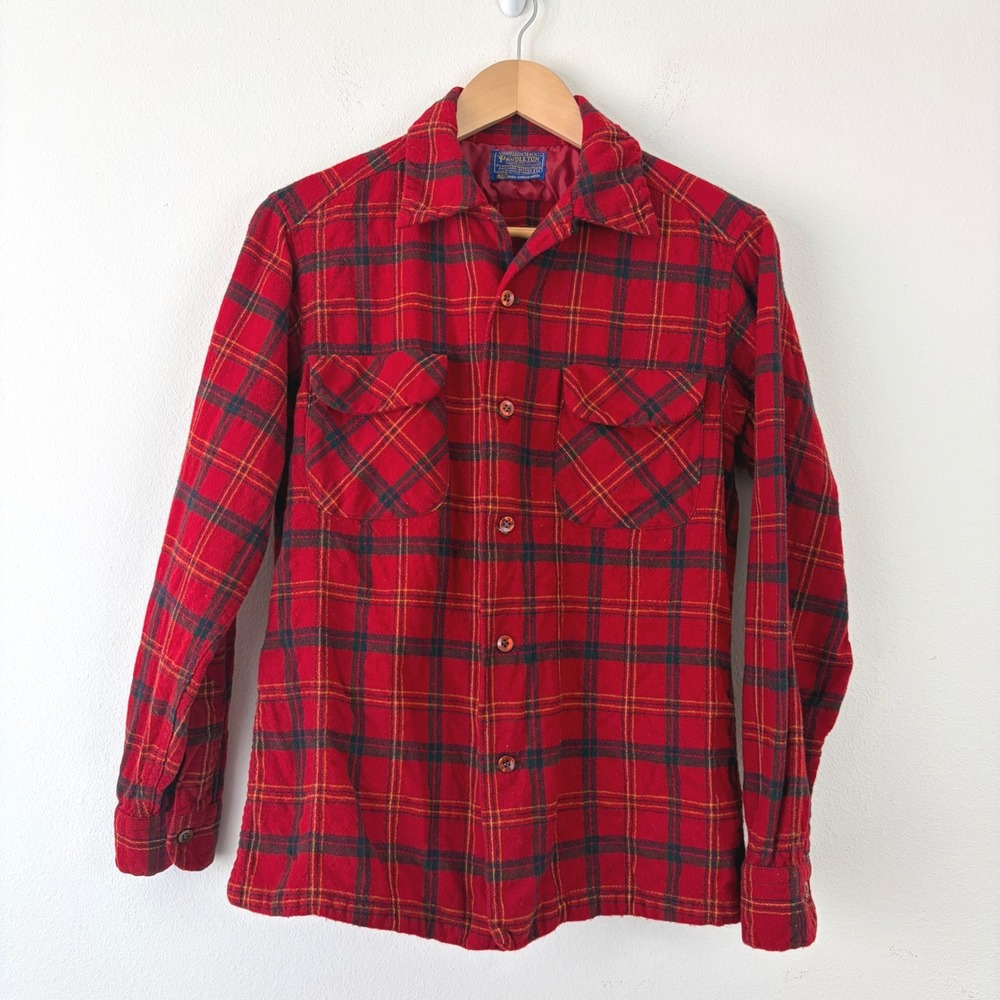Vintage 60s Pendleton Wool Board Shirt Mens Medium Red Plaid Flannel Button Up